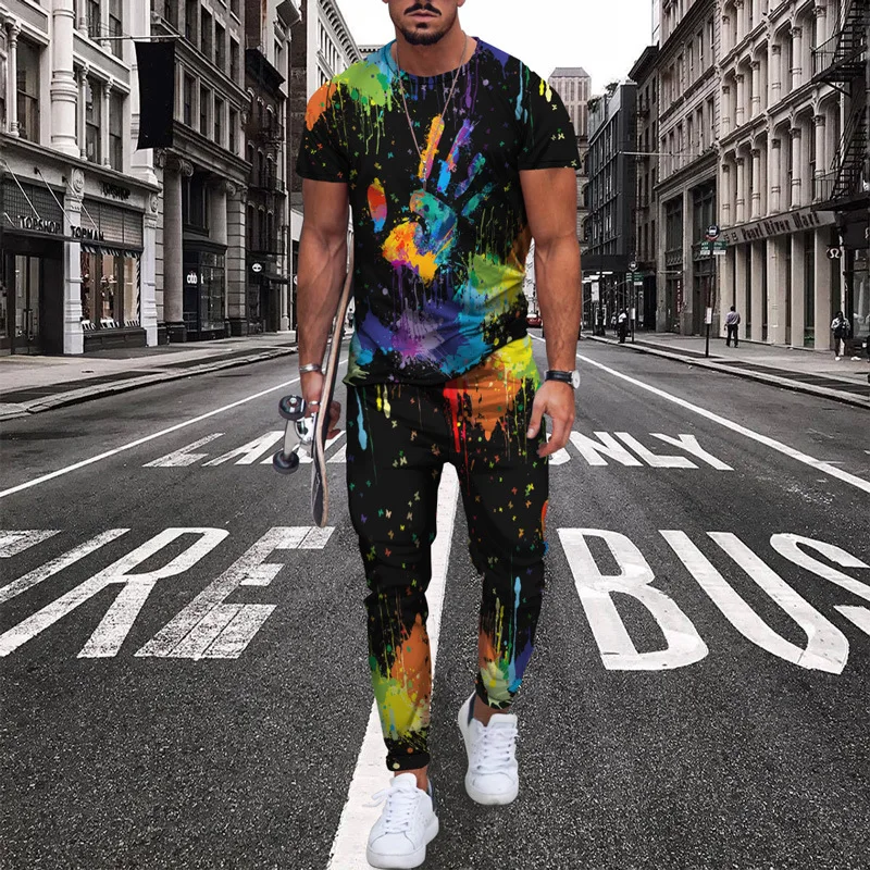 3D Colorful Printed Summer Men'S T-Shirt + Trousers 2 Piece Sets Fashion Street Short-Sleeved Pants Joogers Male Suit Tracksuit