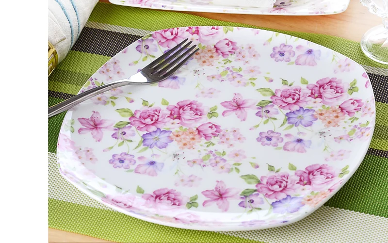 Plato de carga de flores de porcelana de hueso real de 10 pulgadas, plato de cena de porcelana, servicios borden, plato de cerámica para servir, platos de cocina