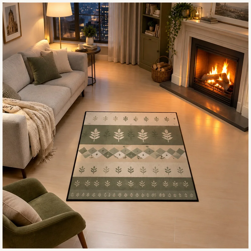 VIKAMA Minimalist Oat Sage Panel Patchwork Flannel Door Mat, Anti-Slip Washable Floor Mat, Home Decor for Porch, Garden Room