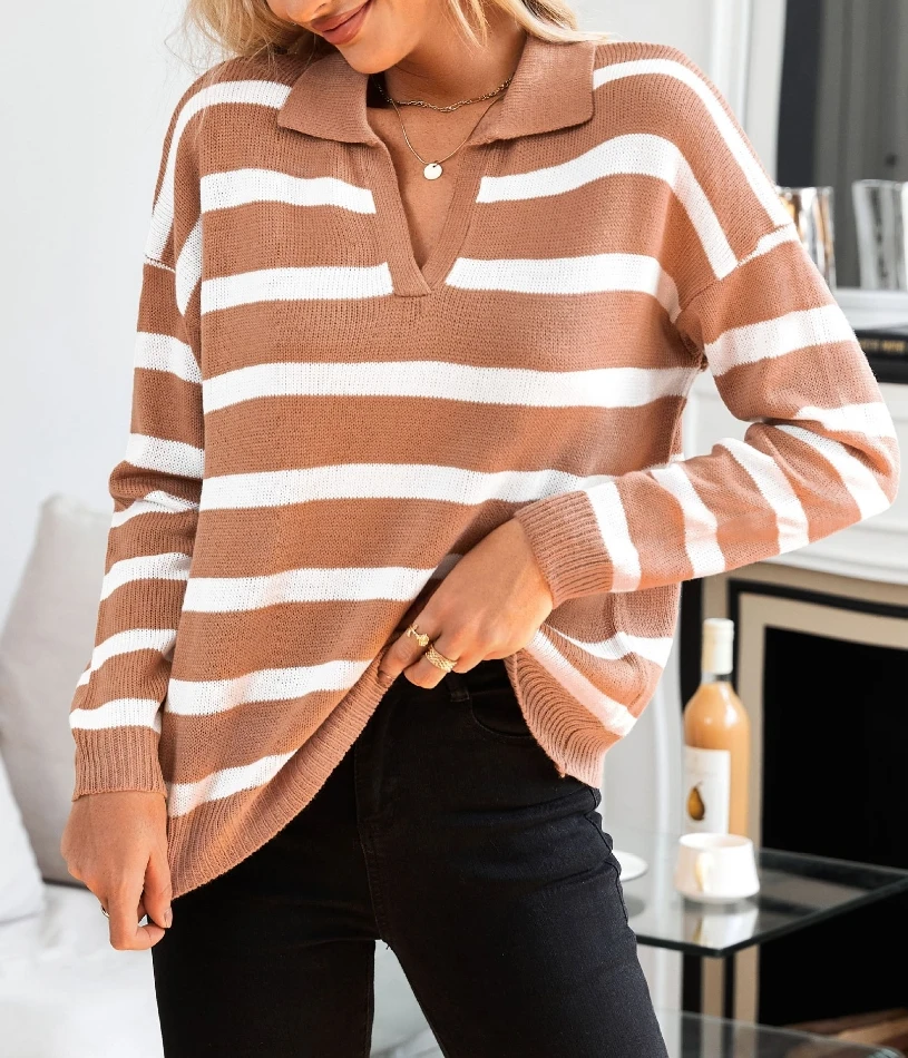 

Vintage Women's Sweater Striped Autumn Winter Oversize Long Sleeve Causal Turn-Down Collar Knitted Pullover Top Underwear