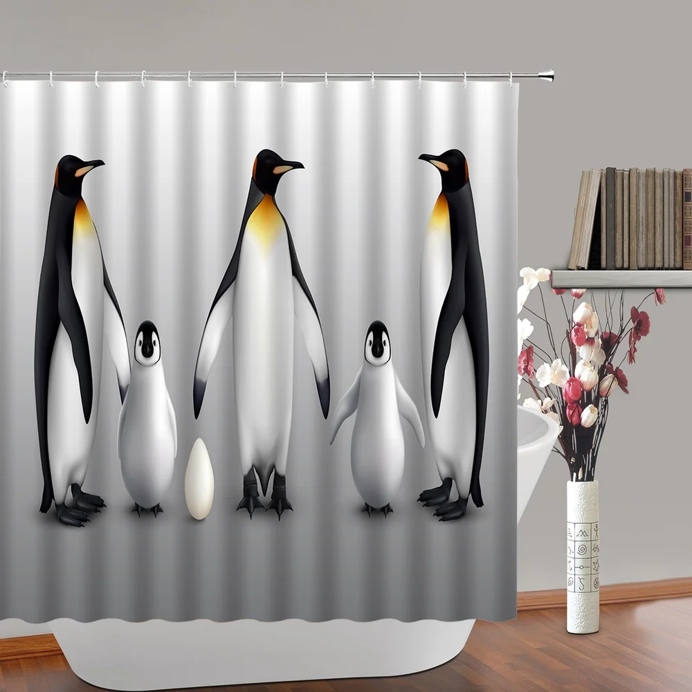 Cute Penguin Shower Curtain Cartoon Animal Roaming Antarctic Ice Field Funny Nature Scenery Fabric Bathroom Curtains With Hooks