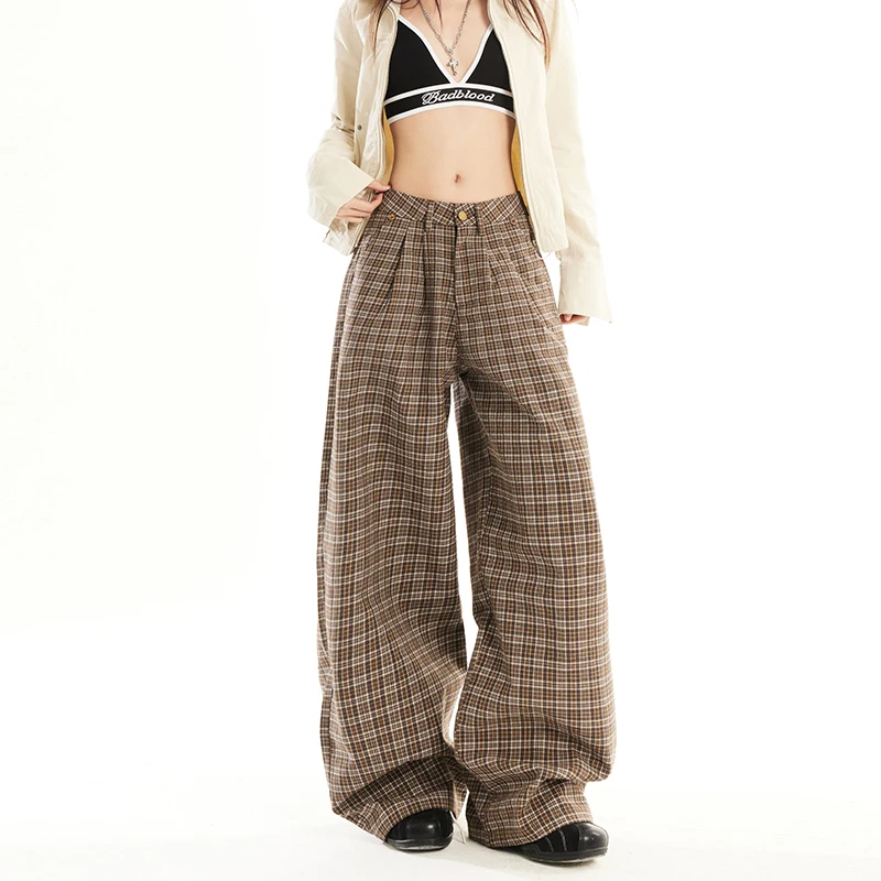 

2026 New Women Oversized Pants Fashionable Plaid Casual Wide Leg Pants Y2K Girls Hip Hop Bottoms Korean Trendy Loose Trousers
