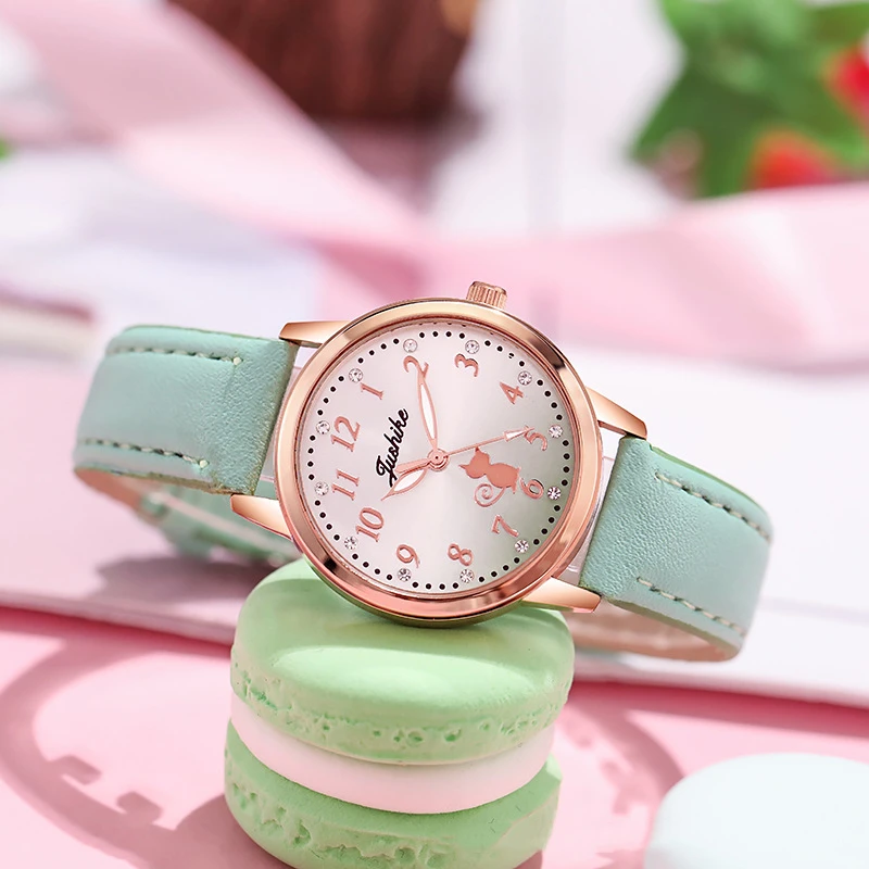 

Cute Cat Children Watches Watch Casual Children Simple Rhinestone Girls Wristwatch Gradient Color Leather Quartz Kids Clock Gift