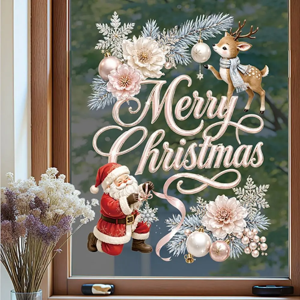 Pink Merry Christmas Window Sticker Cartoon Santa Deer Electrostatic Shopwindow Decorative Sticker Balloon Flower Static