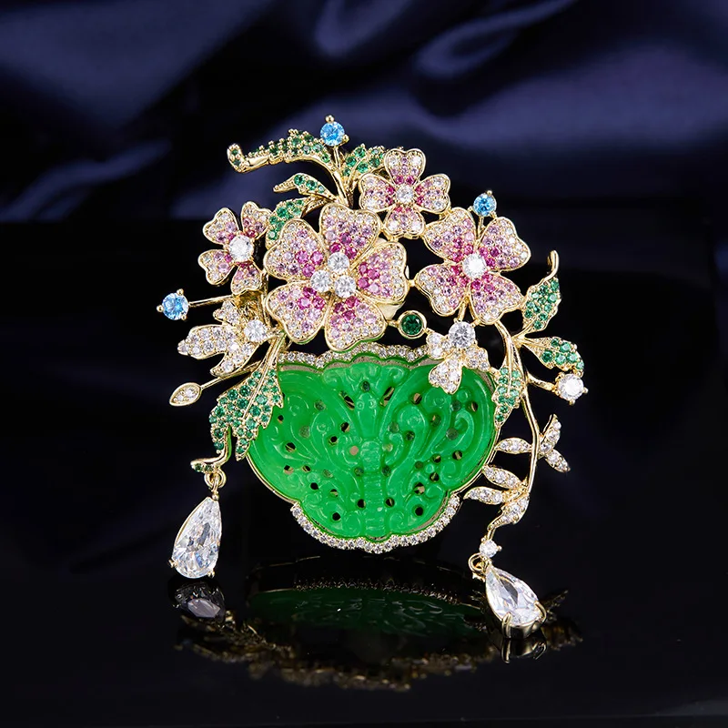 Chinese Style Green Jade Flower Brooch Vintage Color Zircon Bloom Pin Coat Qipao Decor Banquet Corsage Ready Stock Women Jewelry