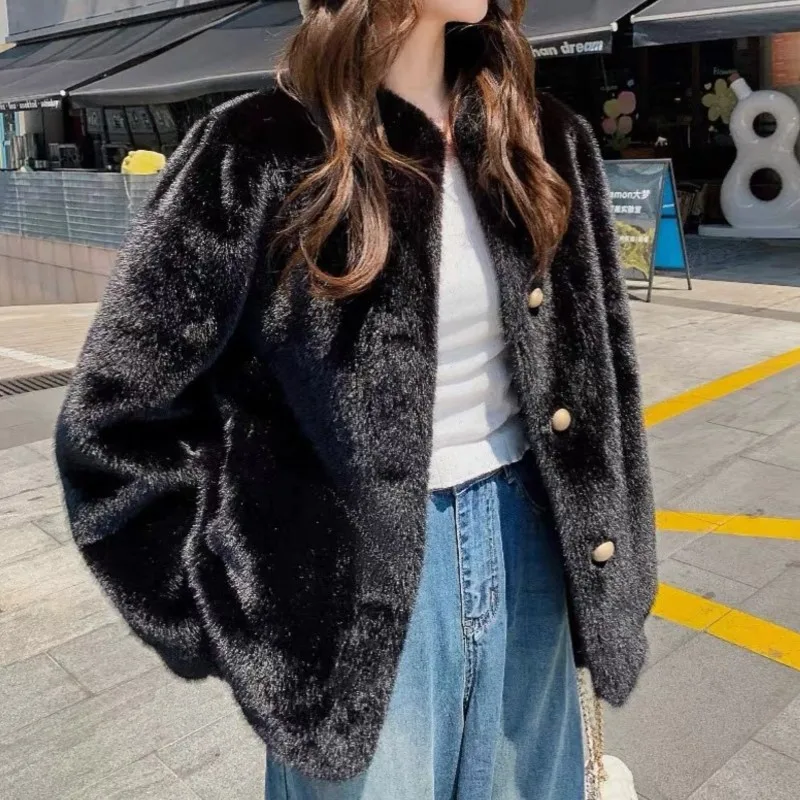 

2025 Autumn Winter Women's Cozy Plus Size Short Faux Fur Jacket Loose Stand Collar with Button Faux Fur Coats Solid Tops