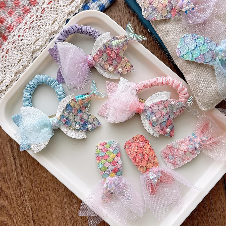 

Kids Mermaid Tail Snap Clips Set Iridescent Bow & Glitter Barrettes Tulle Scrunchies Princess Style Rounded Edges