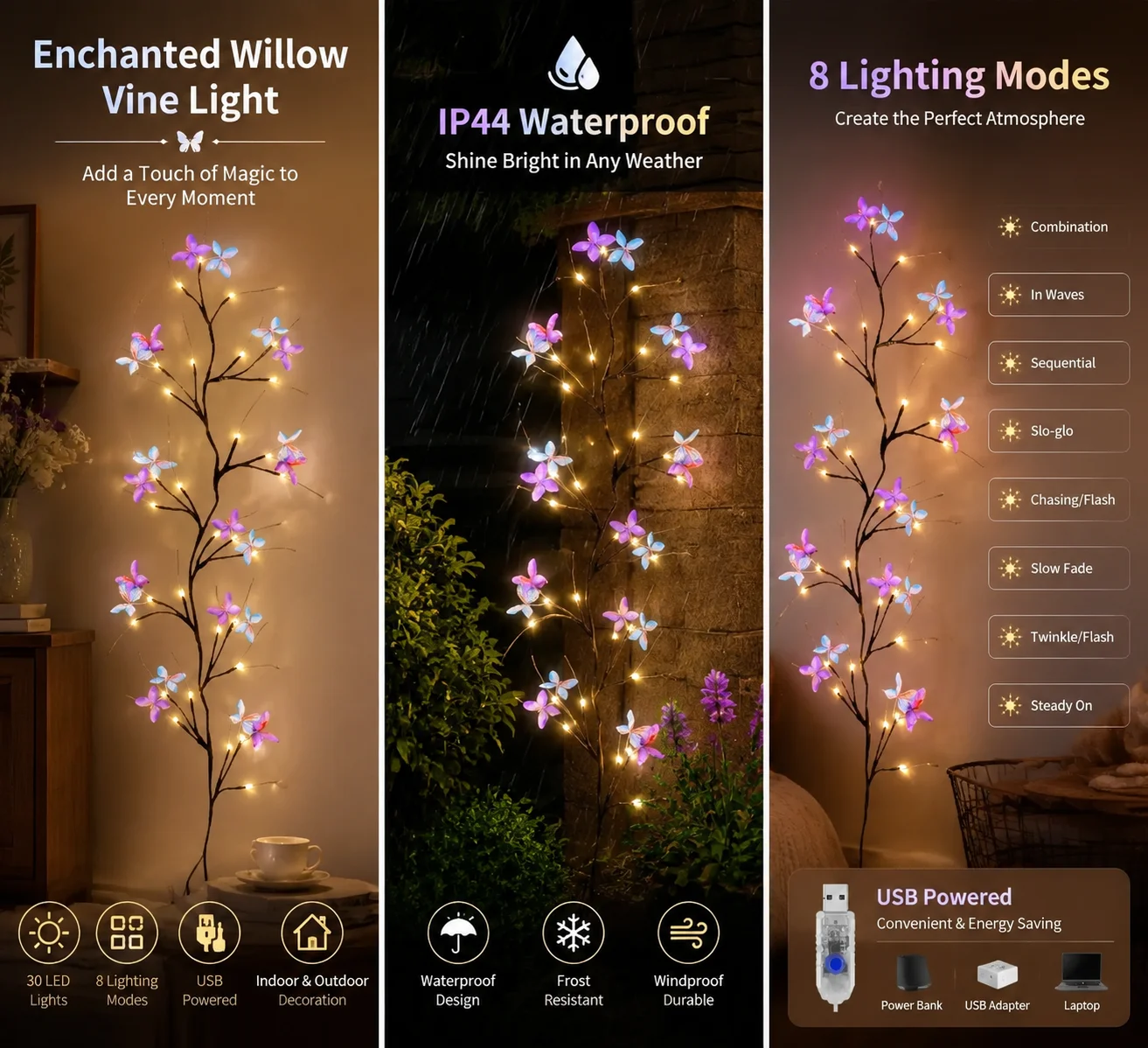 Enchanted Butterfly Vine LED Lights 30LED USB String Light 8 Modes Waterproof Decorative Lamp For Indoor Outdoor Garden Decor