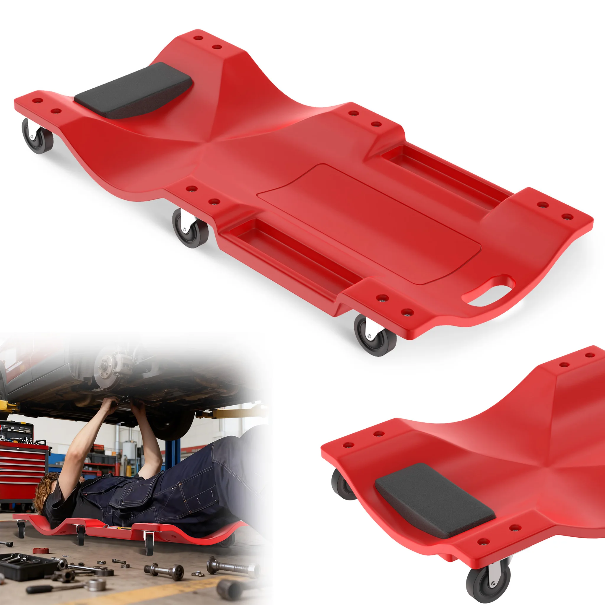 Tavola da officina mobile in plastica per riparazioni auto, 36/40 pollici, con poggiatesta, 6 ruote, capacità di carico 150 kg, tavola da officina per manutenzione e riparazione di auto e camion