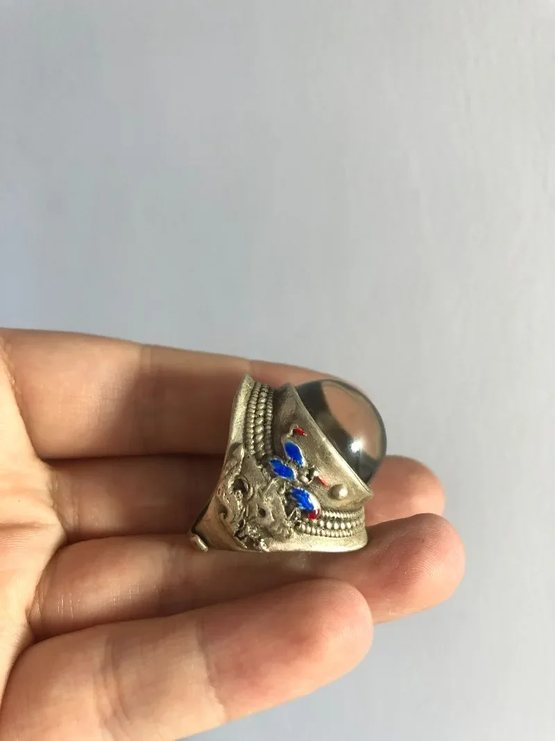 Vintage Collectible Old Silver Cloisonne Thumb Ring, Temperature Color‑Changing Gem Inlaid Adjustable Unisex Retro Jewelry Gift