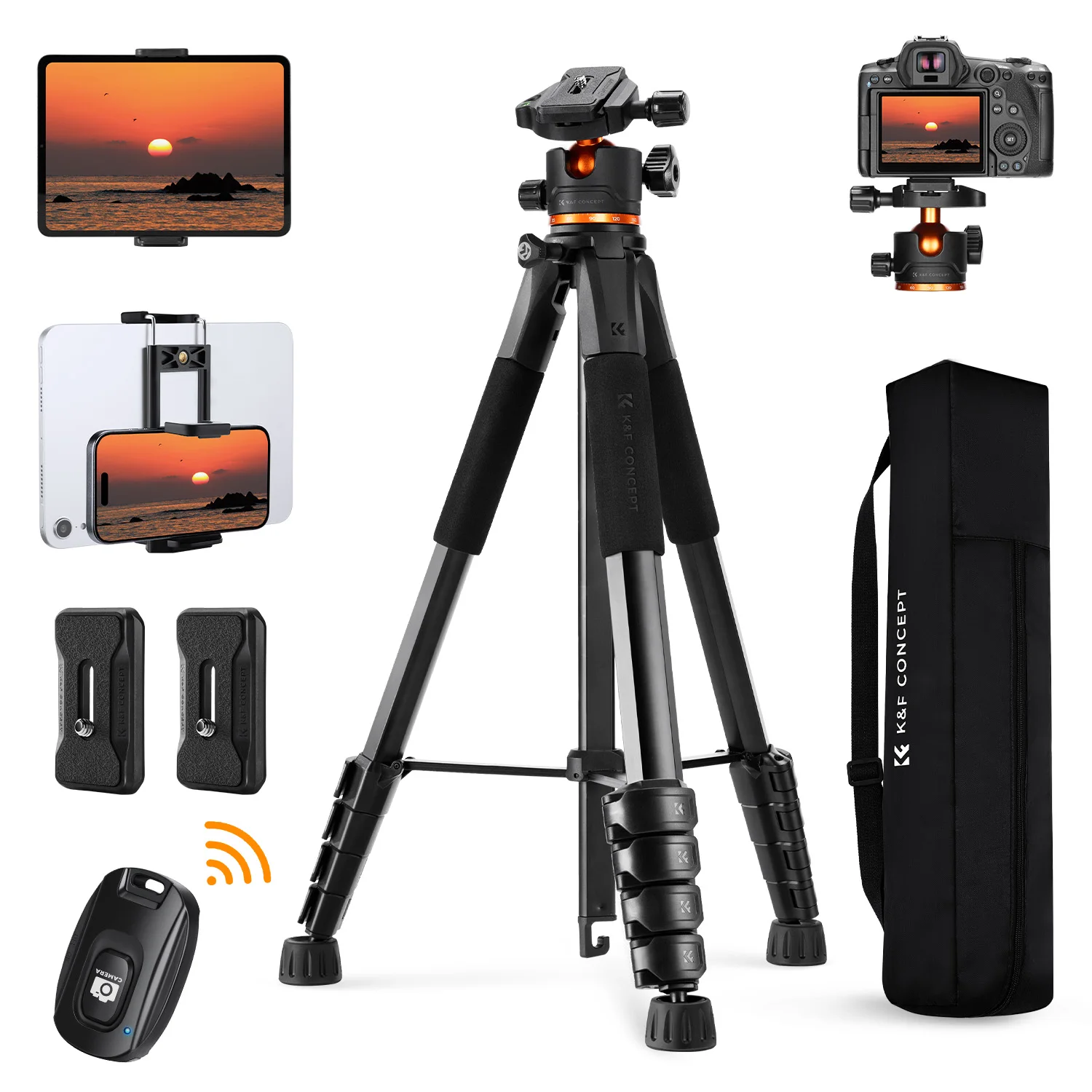 K&F CONCEPT Kamerastativ 75 Zoll, leichtes Reise-DSLR-Stativ mit 360-Grad-Kugelkopf, Handyhalterung und Fernbedienung