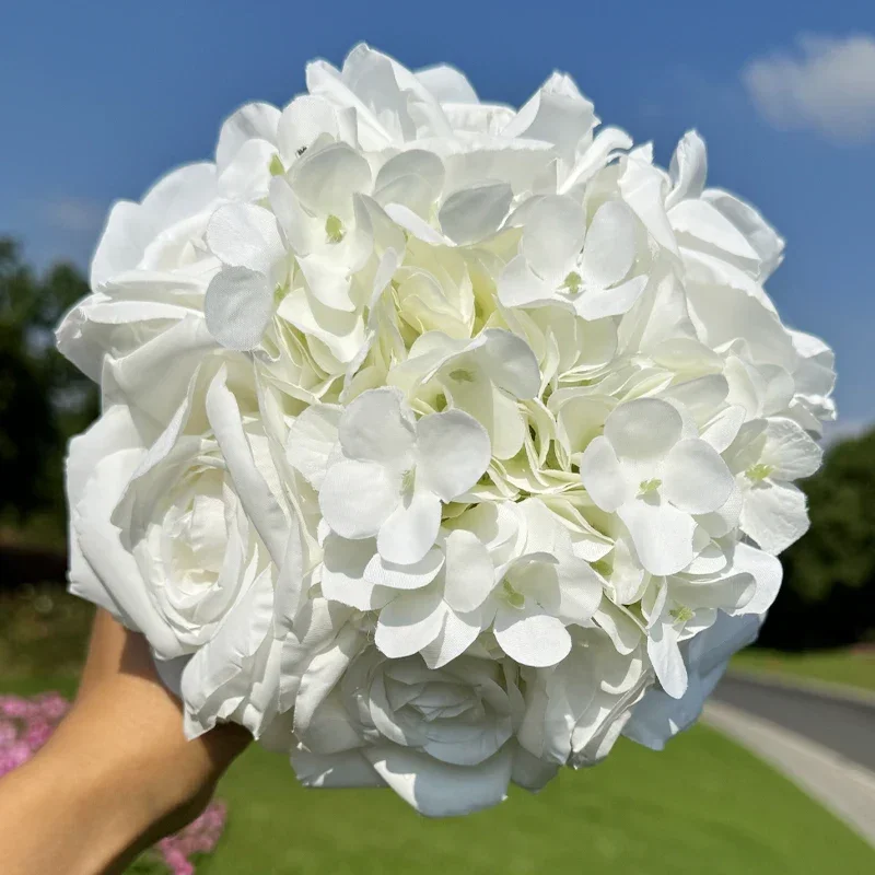 1pc White Rose Hydrangea Bridal Bouquet Bridesmaid Wedding Photography Props, Wedding Church Valentine's Day Confession Bouquet