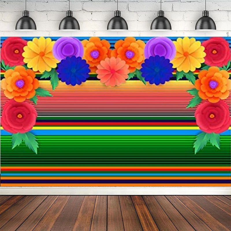 

Mexican Fiesta Theme Stripes Photography Backdrop Cinco De Mayo Colorful Paper Flower Banner Festival Birthday Party Background