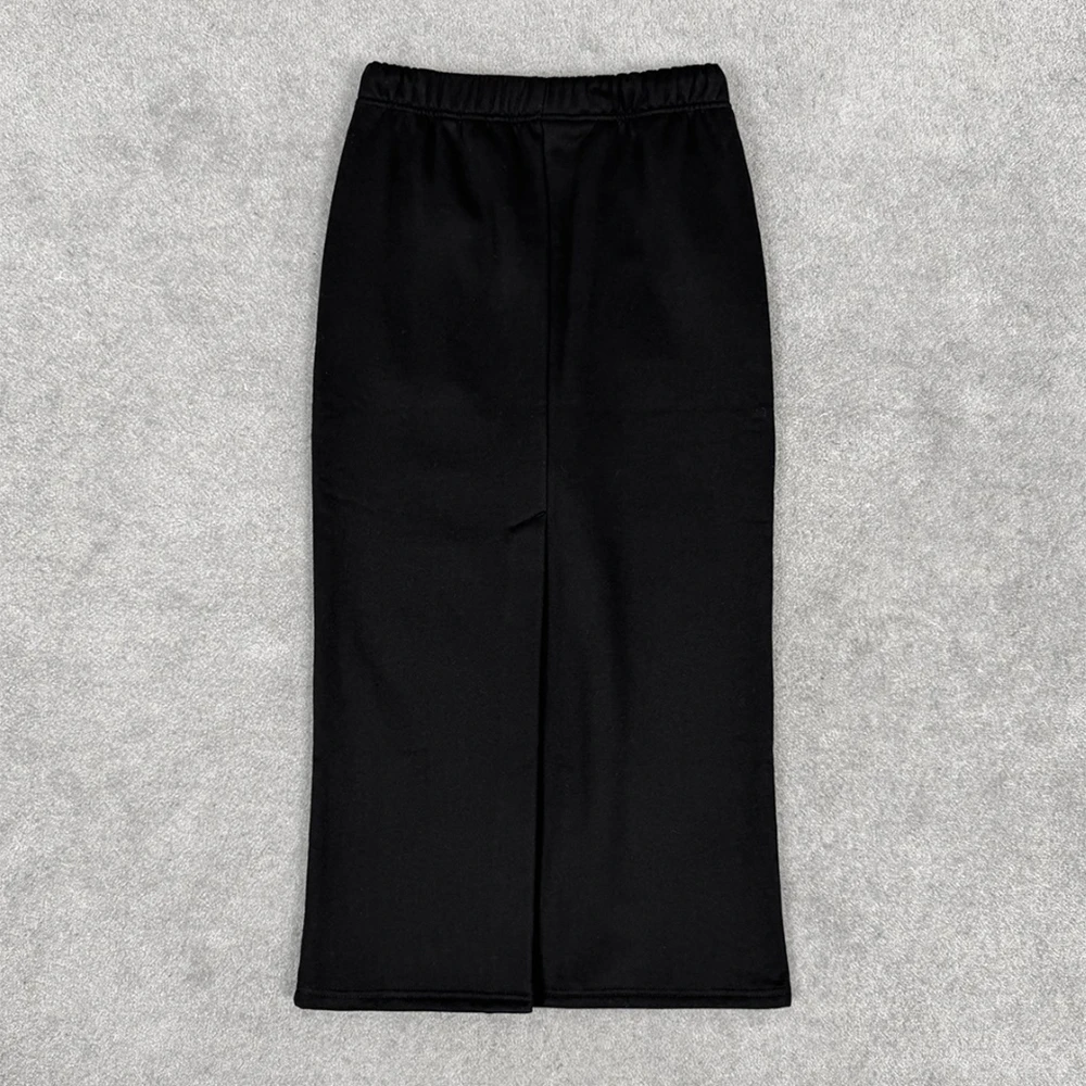 

Women's Cotton-Blend Fleece-Lined Skirt with Back Slit And Tie-Up Waist Straight-Cut Winter 2025 Y2k Style Elastic Waist Skirt