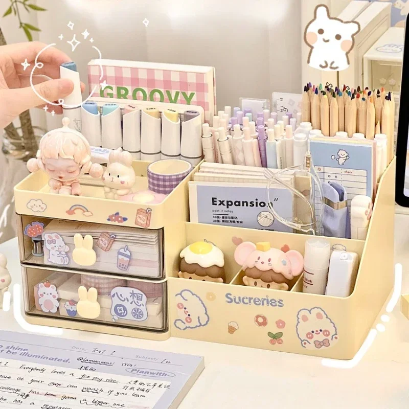 Boîte de rangement cosmétique de bureau, bureau de stockage T1, porte-stylo de bureau, lapin mignon Kawaii