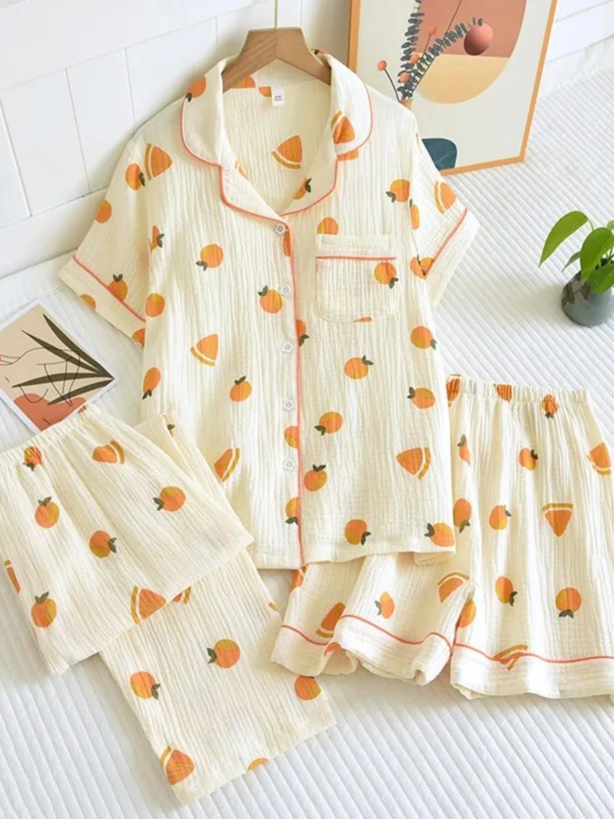 半袖トップとショートパンツの3点セット-レディース-カジュアル-快適-ホームウェア-オールシーズン対応-プリント柄