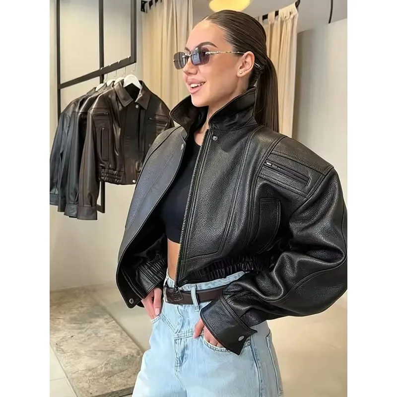 BKQU Vintage Street Women's Faux Leather Jacket Lapel Zipper Pocket Loose Black Cropped Bomber Jackets Moto Biker Outwear