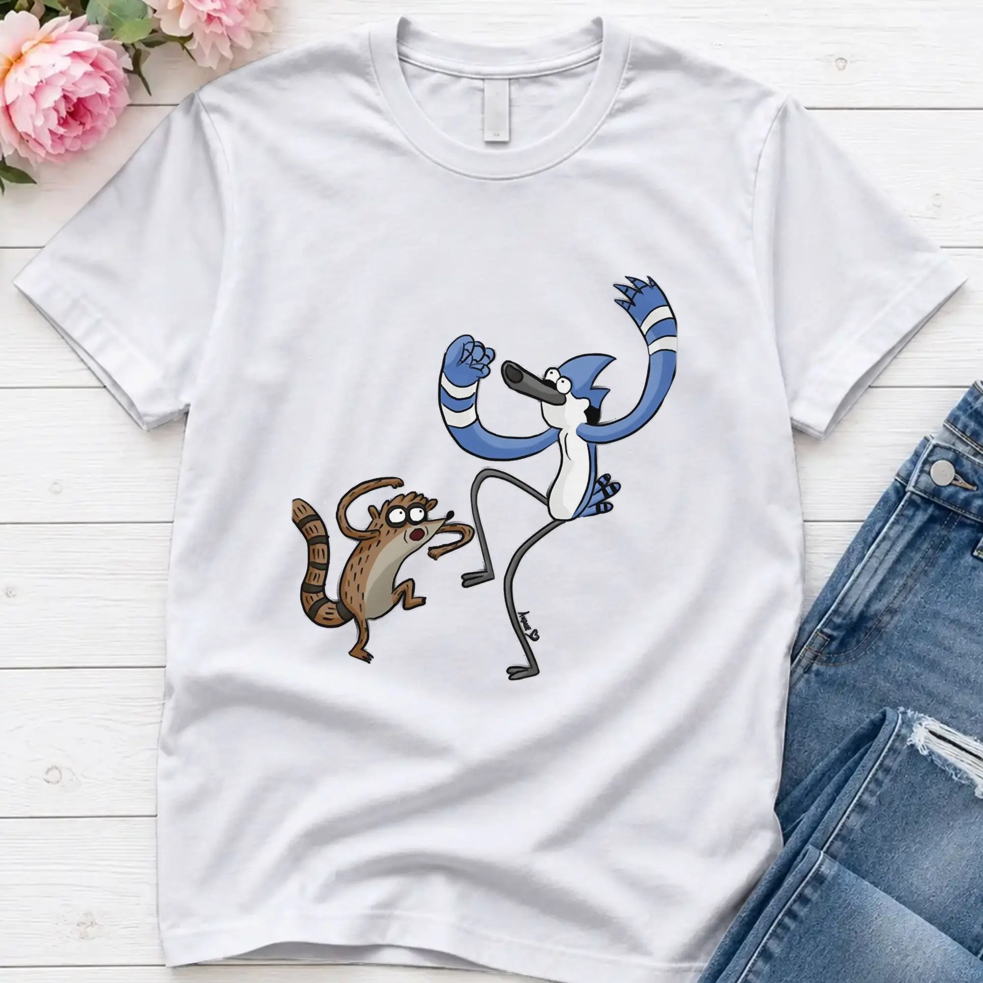 Men's T-Shirt Rigby And Mordecai Regulars Shows Awesome Pure Cotton Tee Shirt Short Sleeve  T Shirt Crewneck Clothes Classic