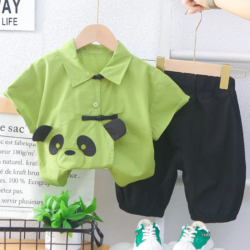 

2Piece Sets Summer Toddler Boy Clothing Korean Fashion Cartoon Panda Cute Cotton Short Sleeve Baby Tops+Pants Kids Clothes B134