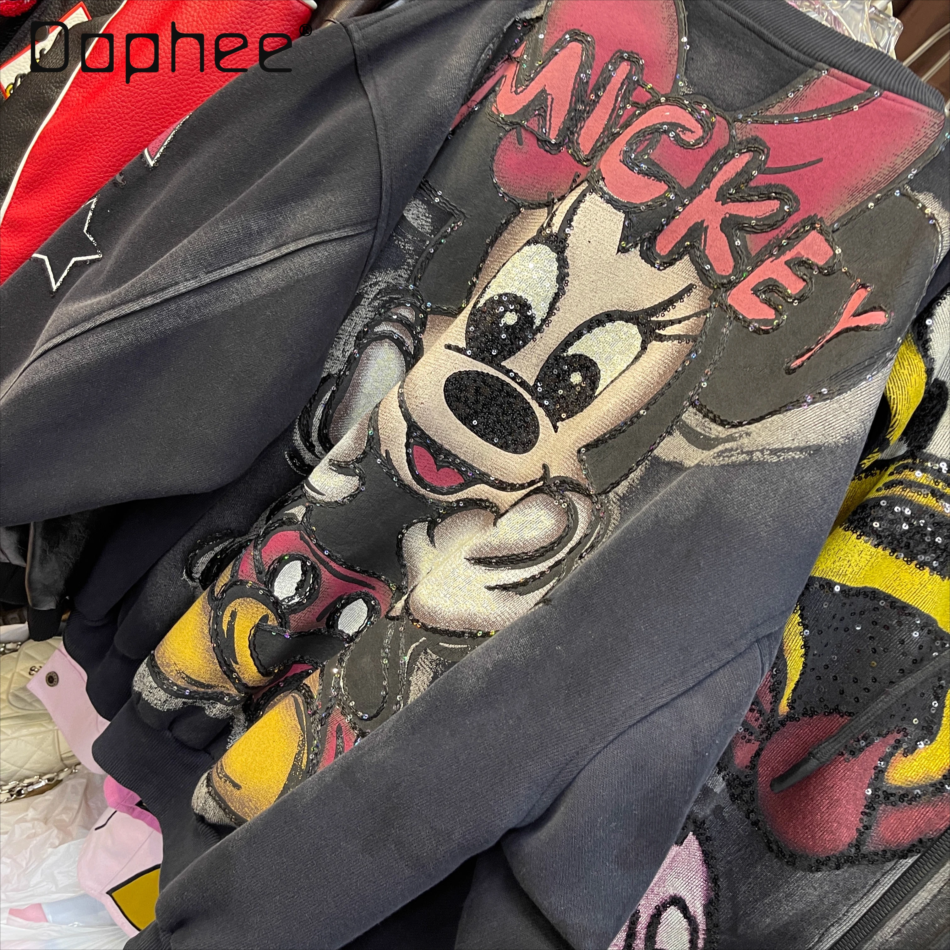 

Trendy Brand Cartoon Jacket Women 2025 Autumn New Heavy Industry Cartoon Print Sequins Loose Fashion Baseball Jersey