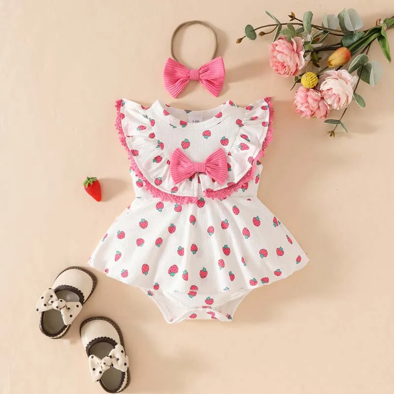 Baby Clothes Girl Romper Skirt Strawberries Printed Onesies Summer Sleeveless Sweetness One-piece Dress With Hairband 0-18Months