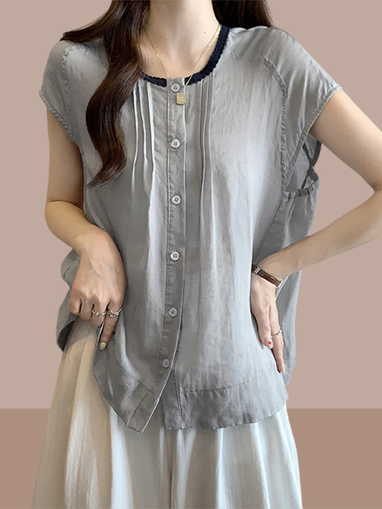 

Korean Sle Color Blo round Ne Svel irt Women's Summer Faionable Youthful Outerwear Cardigan Top Cleanfit