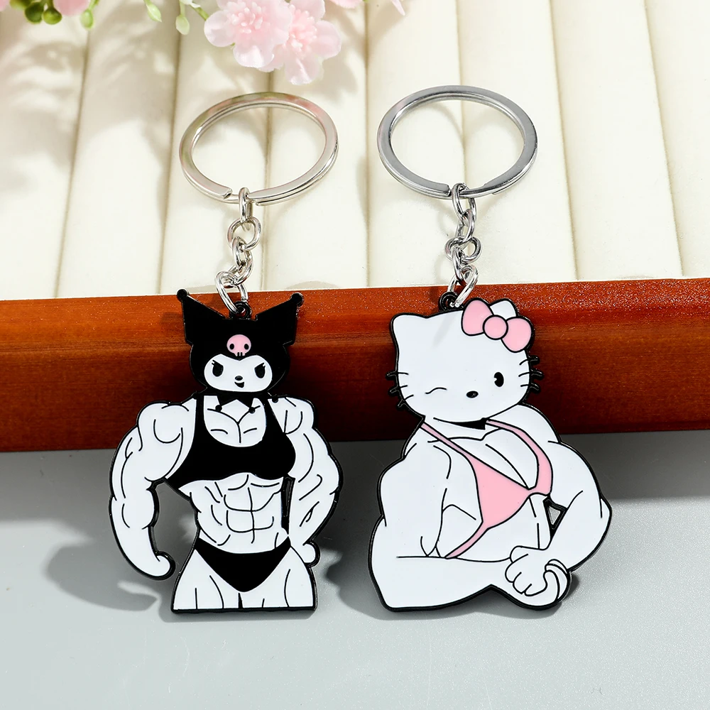 Kawaii Sanrio Hello Kitty Metal Keychain Funny Muscle Anime Figure Kuromi Couple Pendant Toy Gift for Backpack