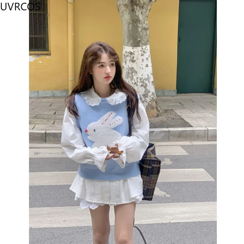 Sweet Lolita Knitted Sweater Vest Women Kawaii Bunny Print Flower Princess Crop Tops Y2k Aesthetics Knitwear Coat Cute Clothes