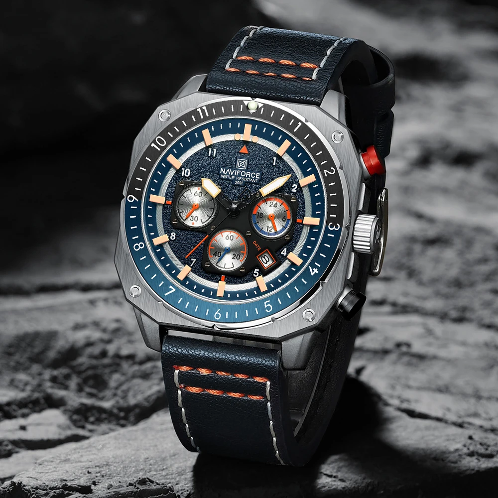 Часы наручные NAVIFORCE Мужские кварцевые, брендовые Роскошные модные многофункциональные с кожаным ремешком