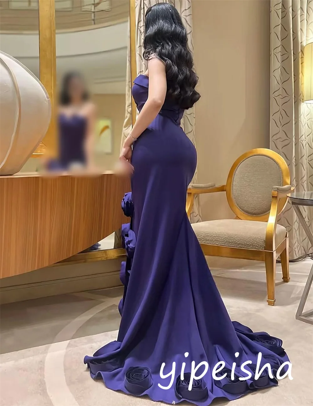 カスタマイズされたクラシックな絶妙なジャージフラワープリーツトランペットストラップレスロングドレスオーダーメイドの機会ファッション