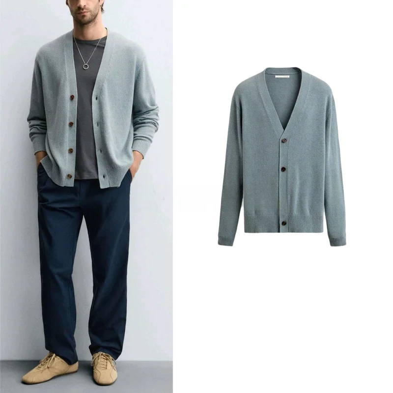 

Мужской длинный све V-Ne из смеси хлопка и верблюжьего цвета, приталенный прямой вязаный кардиган, повседневная одежда из полиэфирного волокна