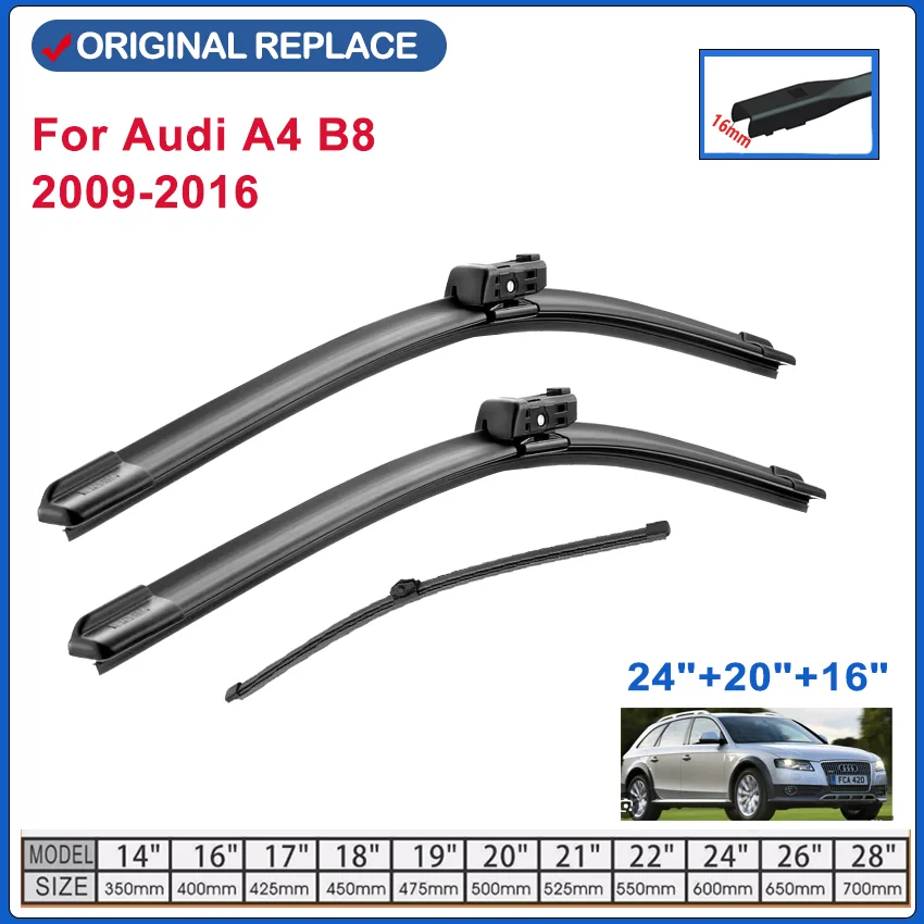 

For Audi A4 B8 2009-2016 24"+20"+16" Front Rear Wiper Blades Windshield Windscreen Window Cutter Accessories 2014 2015 2016