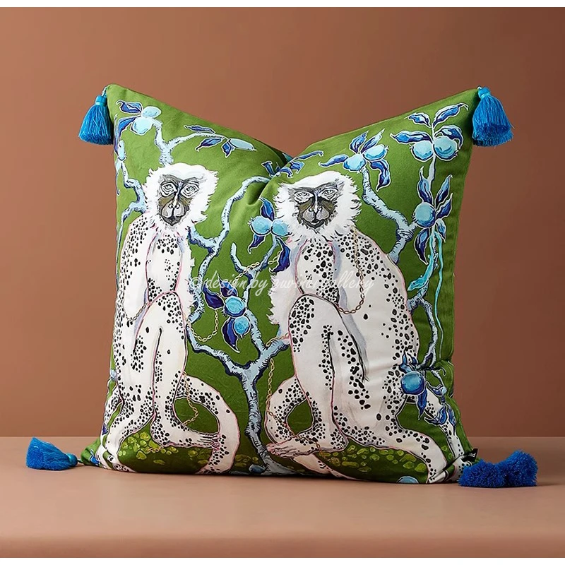 GUVINCI Boho Cushion Covers Monkeys On Green Blue Pomegranates And Lizard Decorative Pillow Case For Patio Couch Fall Home Decor