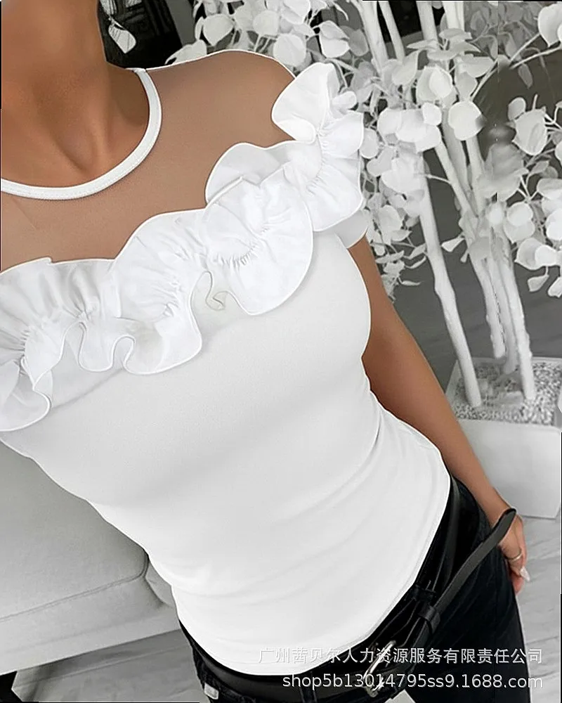LZR20162 2026 summer short-sleeved mesh stitching three-dimensional flower slim-fit top 6