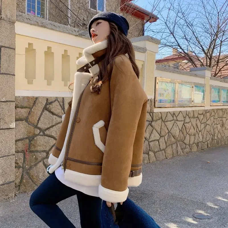 

Double-faced Fur Thick Winter Warm Faux Leather Jacket Fur Collar Patchwork Solid Coat Women Pu Leather Jackets 2024 N67