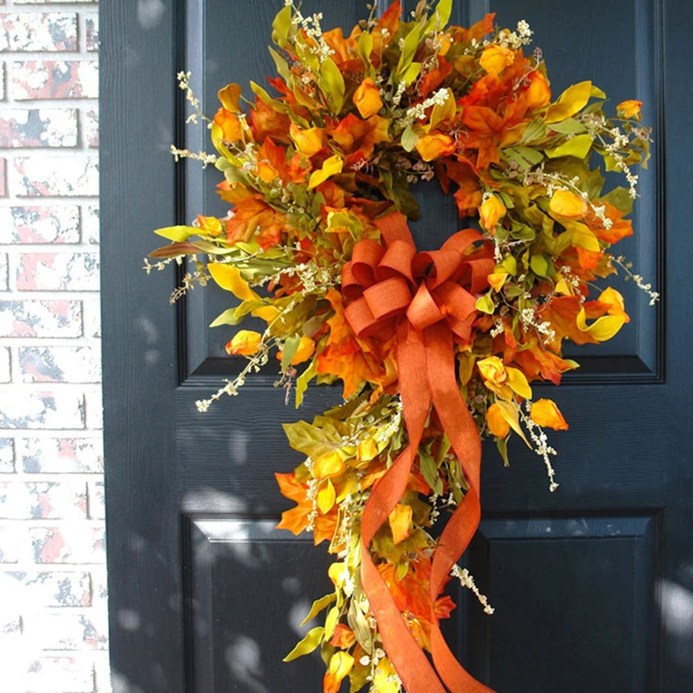 

60*30cm Artificial Autumn Wreath Decoration Maple Pine Cone Pumpkin Door Wreath Easter Halloween Thanksgiving Garland Christmas