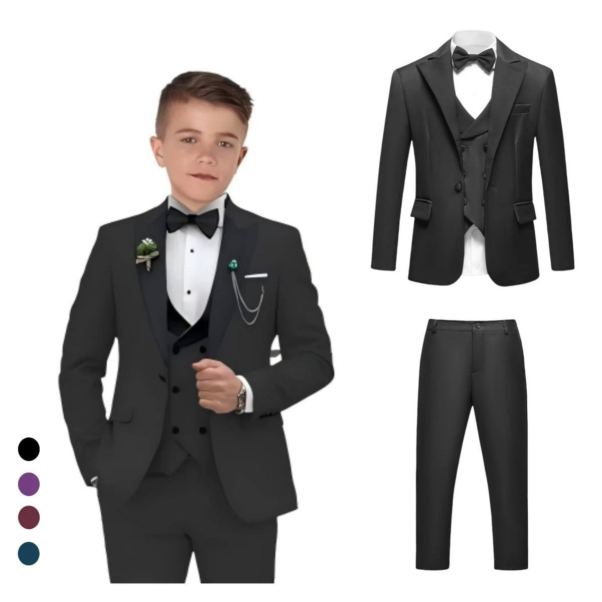 

Boy's Slim Fit Tuxedo Set, Wedding Suit for Kids 3-14 Years, One Button Blazer Vesy Pants Bow-tie Set In Stock 24H Shipping