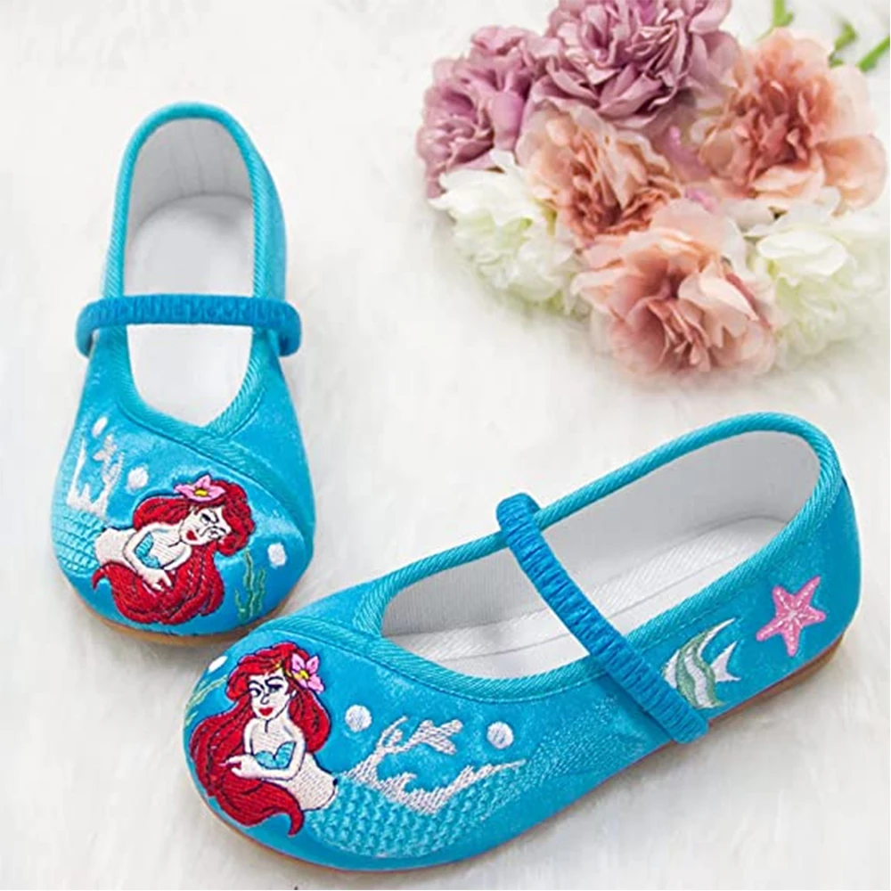 Girls Embroidery Shoes Ariel Princess Shoes Vintage Mermaid Pattern Shoes Toddler Baby Kids Comfortable Anti-slid Low Heel Flats