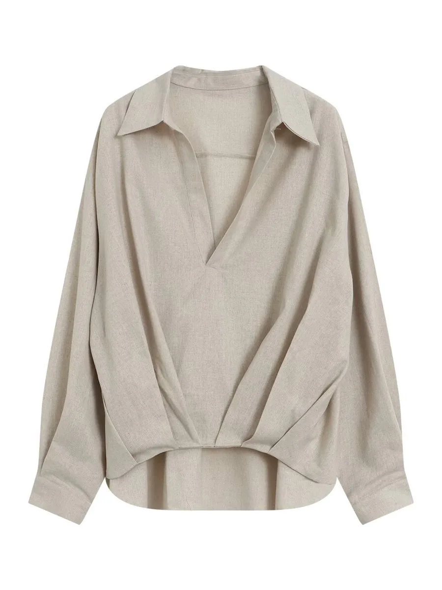 Withered V-neck Long Sleeved Loose Top Linen Shirt Woman Clothes Shirts & Blouses Women's Clothes Shirts Tops