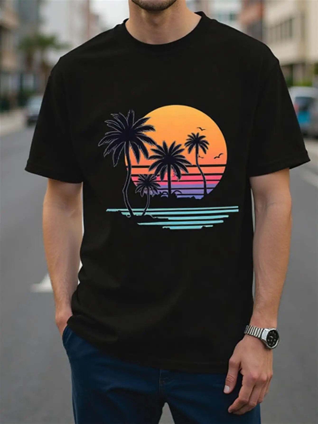

Men's Tropical Sunset Palm Tree Pattern T-Shirt, 100% Pure Cotton, Black Short-Sleeve Casual Beachwear, Featuring a Vibrant Orange and Blue Color-Blocking Design, Loose Fit, Crew Neck, Machine Washable, Summer Vacation Shirt, Ideal Holiday Gift