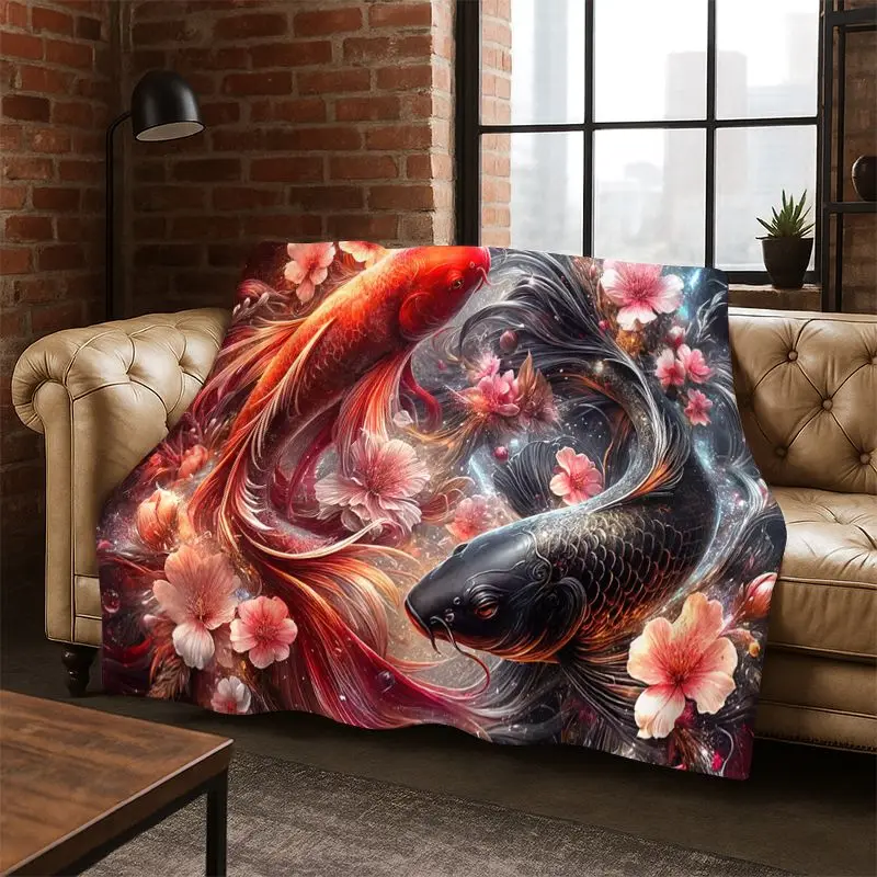 GOOD LUCK Koi Fish Yin Yang Carp Cartoon Flannel Blanket Soft Warm Throw Blanket for Bedroom Living Room Bed Travel Picnic Gift