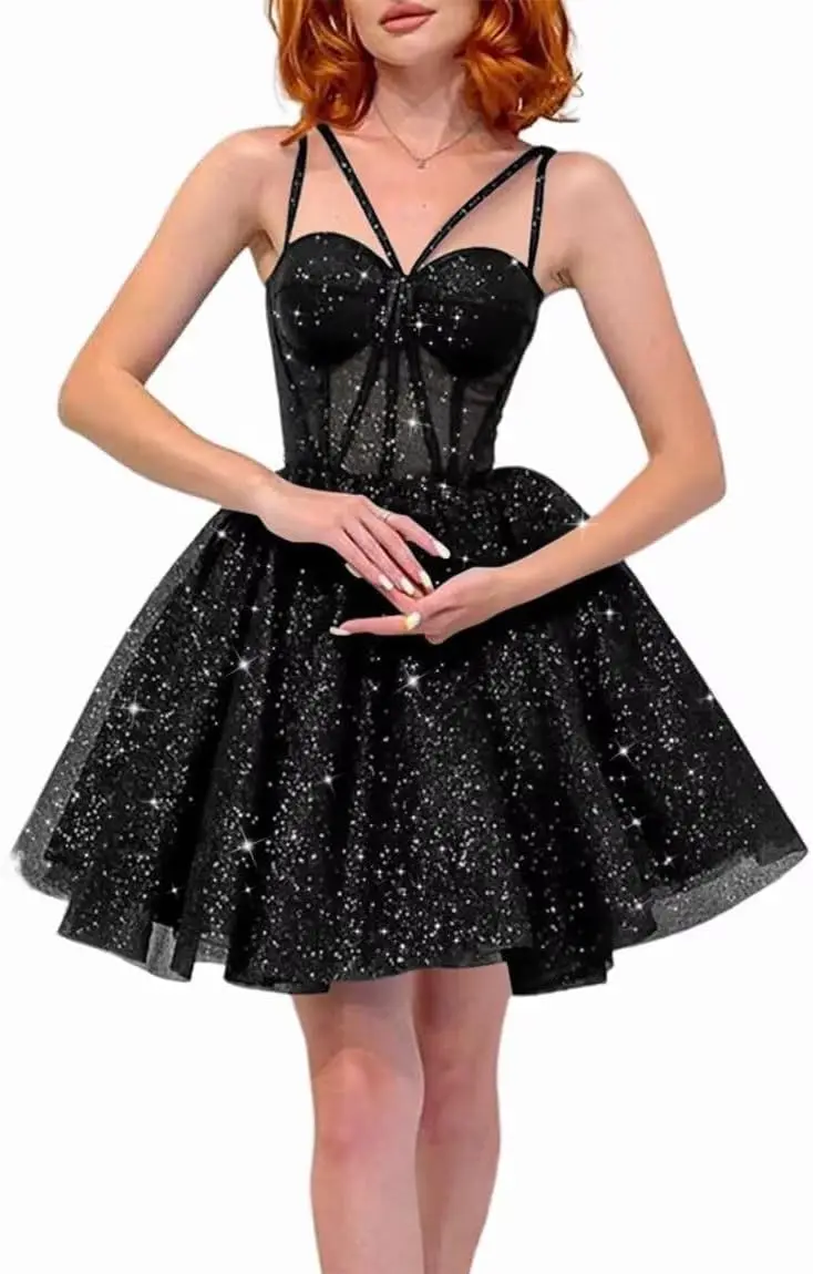 ชุดราตรีทรงเอไลน์สำหรับงานเลี้ยงรับปริญญา ชุดเดรสผ้าทูลล์วิบวับสำหรับงานคืนสู่เหย้า ชุดเดรสทรงเอไลน์สายเดี่ยวสั้นสำหรับงานพรอม