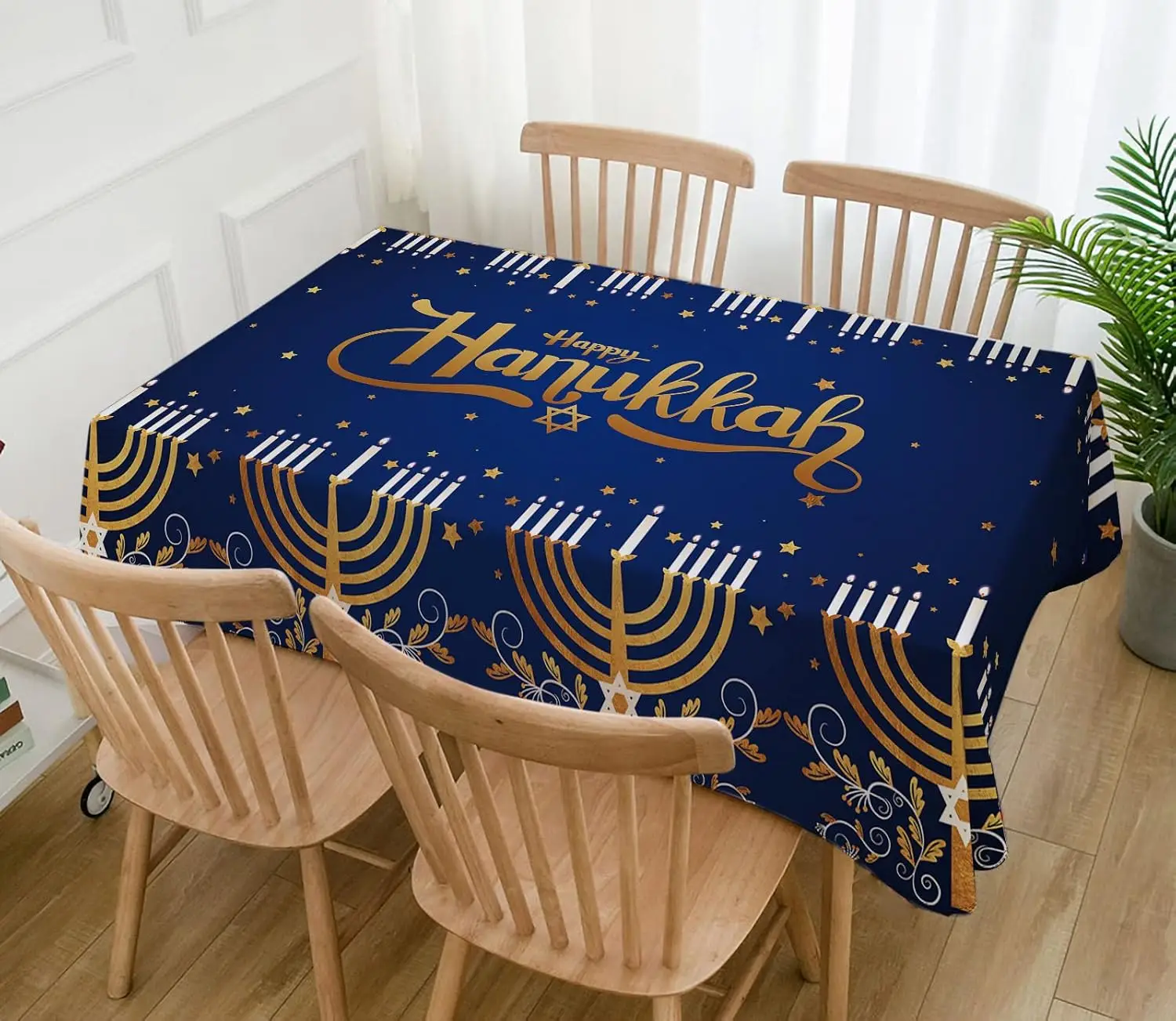 Jewish Happy Hanukkah Festival Chanukah Menorah Fabric Tablecloth Holiday Party Decor Durable Tablecloth for Table Decorations