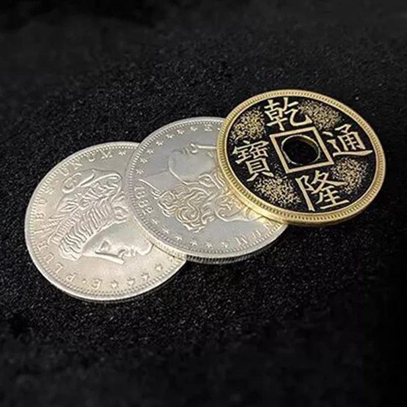 Digital Dissolve (Morgan & Chinese Palace Coin) Magic Tricks Brass Coin Changes to Silver Morgan Dollar Close Up Gimmicks Props