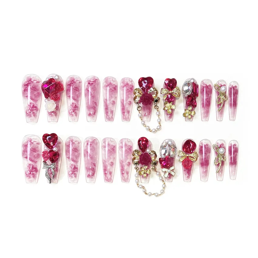 24 pièces nouvel an métal lourd presse sur ongles mariée chinoise mariage faux ongles couverture complète portable brillant grand cristal faux ongles