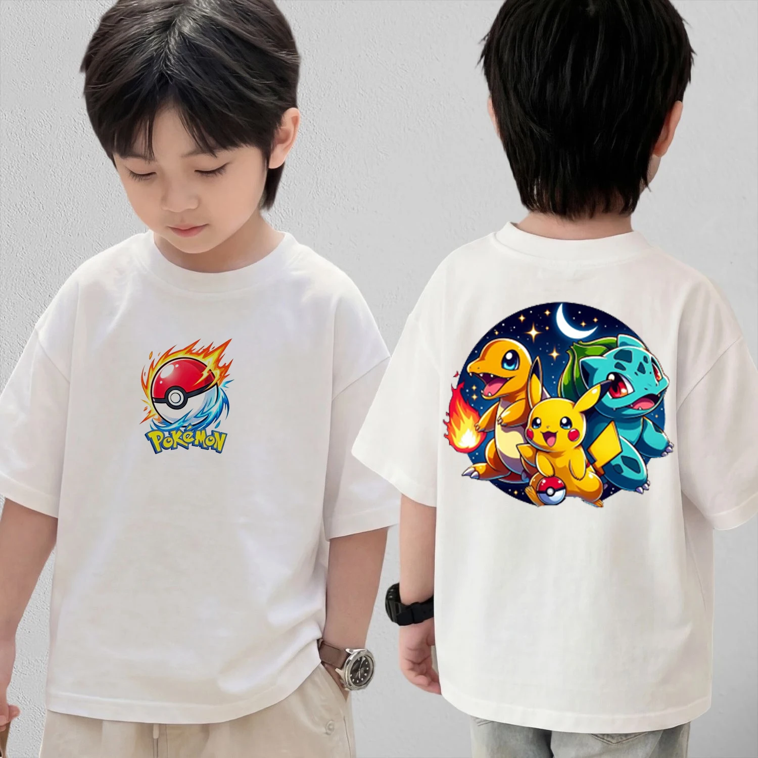 

Летняя футболка для косплея в стиле аниме Pokémon, хлопковые топы с короткими рукавами, повседневная свободная футболка в стиле ретро для мужчин, женщин и детей, одинаковые комплекты для всей семьи