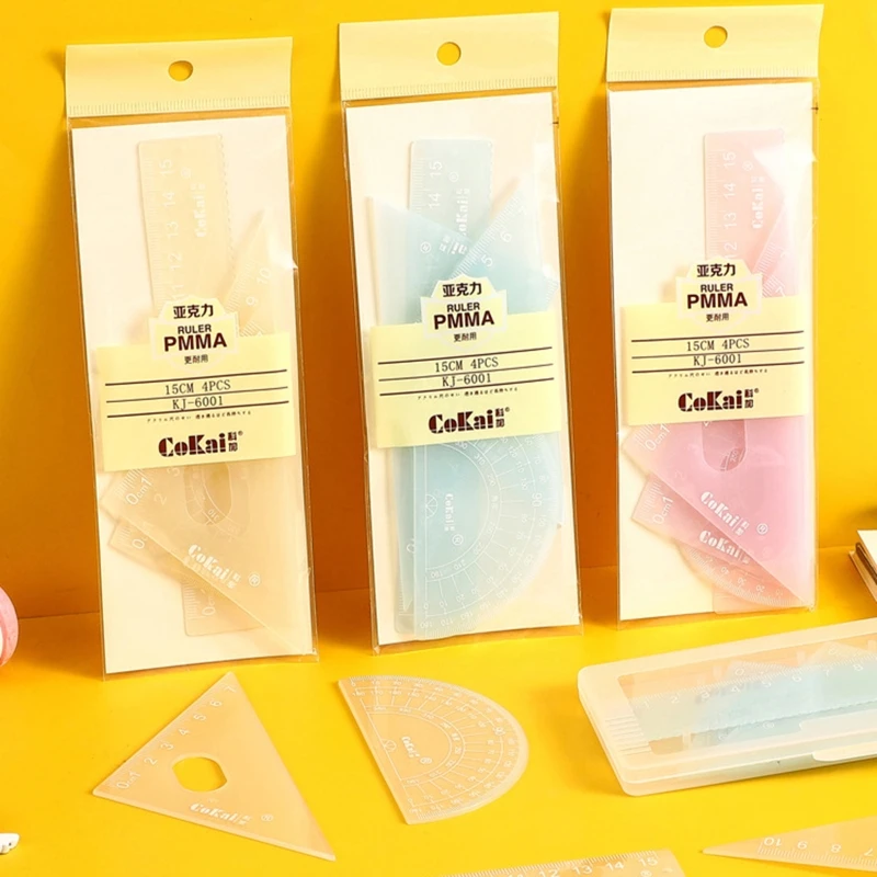 4 Pcs Geometry Kit Plastic Protractor 2 Triangle Rulers 15cm Ruler for Students