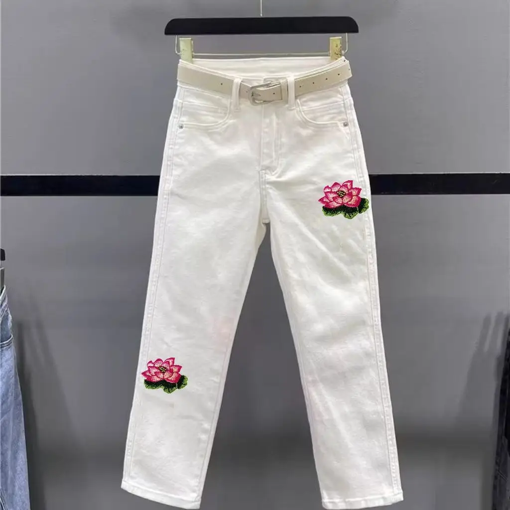

New National Sle Heavy Embroidery Lotus Flower Denim Jeans Women's Tight Fit Elastic Nine-Piece Pants Casual Summer Long Pants