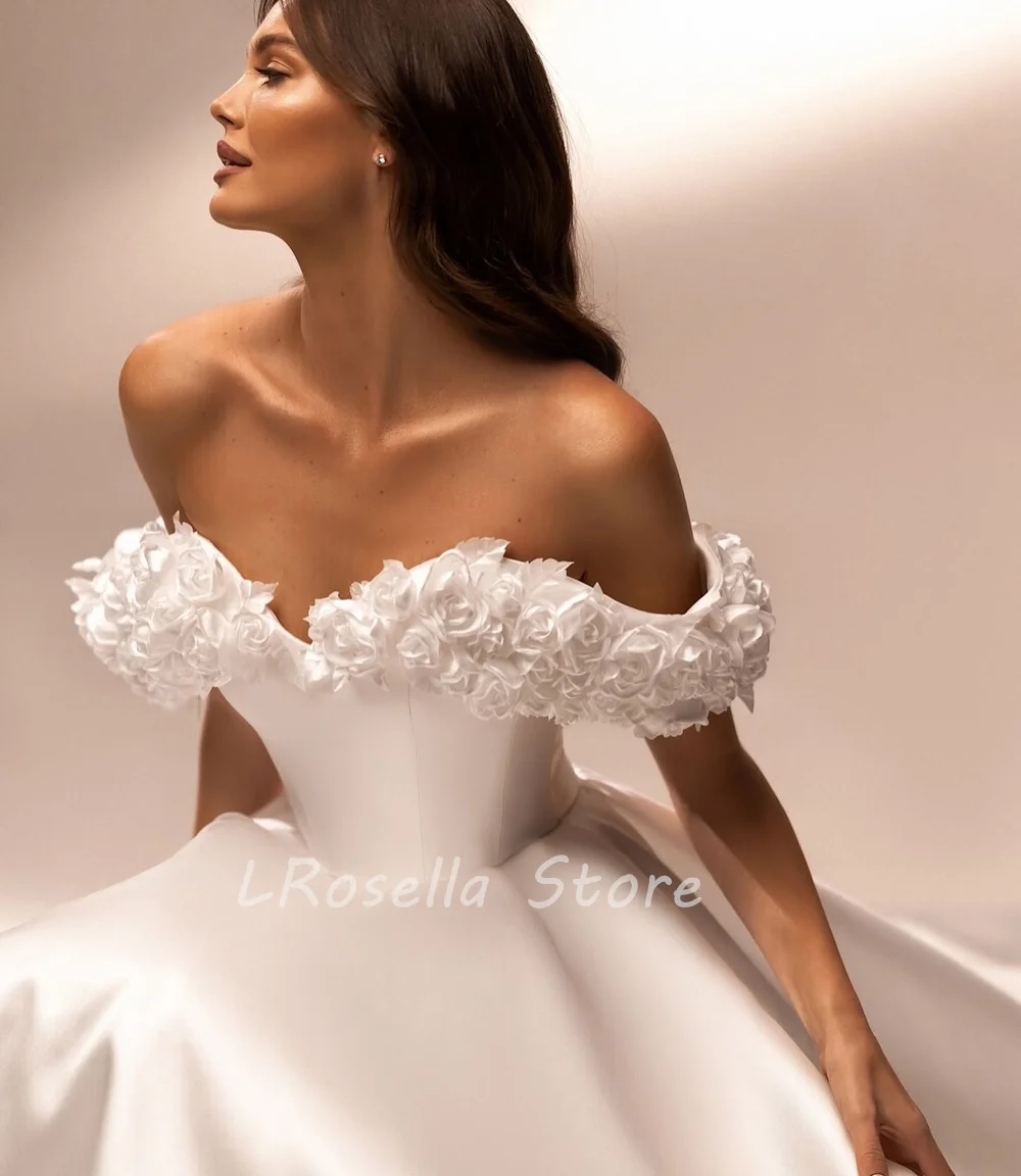 LRosella Abito da sposa in raso con spalle scoperte A-Line Manica corta Lunghezza pavimento Elegante Squisito stile Morden Lusso فسات2024