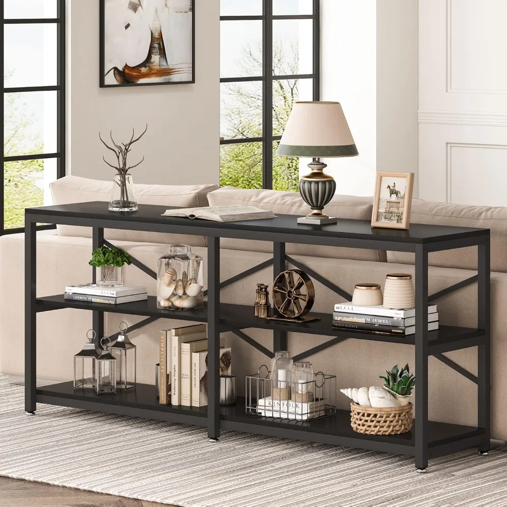 

Extra Long Console Table,Behind Couch Table W/ Storage Shelves, 3-Tier Hallway Entryway Table for Living Room,3 Shelf Bookshelf